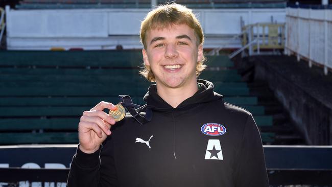 MELBOURNE, AUSTRALIA - JULY 16: Ryley Sanders of the Allies poses after being named as the MVP of the U18 Boys Championship during the 2023 U18 Boys Championships match between Vic Country and Vic Metro at Ikon Park on June 16, 2023 in Melbourne, Australia. (Photo by Morgan Hancock/AFL Photos via Getty Images)