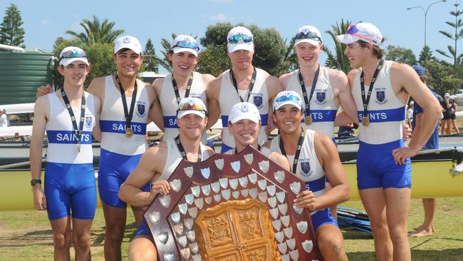 2021 Head of the River winners of Schoolboy First VIII, St Peters College with the Intercol Trophy , back l-r, Aiden Hughes, Paris Harb, Edward Chipperfield, Thomas Oldfield, Jake Nesbitt and William Howard, front l-r Jeremy Beale, Nick Burr and Felix Packer at West Lakes 2021 . Picture: Michael Marschall