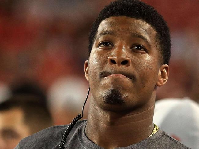 TAMPA, FL - AUGUST 30: Jameis Winston #3 of the Tampa Bay Buccaneers looks on during a preseason game against the Jacksonville Jaguars at Raymond James Stadium on August 30, 2018 in Tampa, Florida.   Mike Ehrmann/Getty Images/AFP == FOR NEWSPAPERS, INTERNET, TELCOS & TELEVISION USE ONLY ==