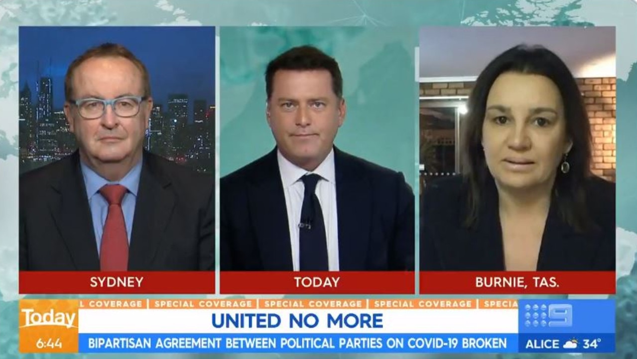 2GB’s Chris Smith, Today host Karl Stefanovic and Jacqui Lambie. Picture: Today