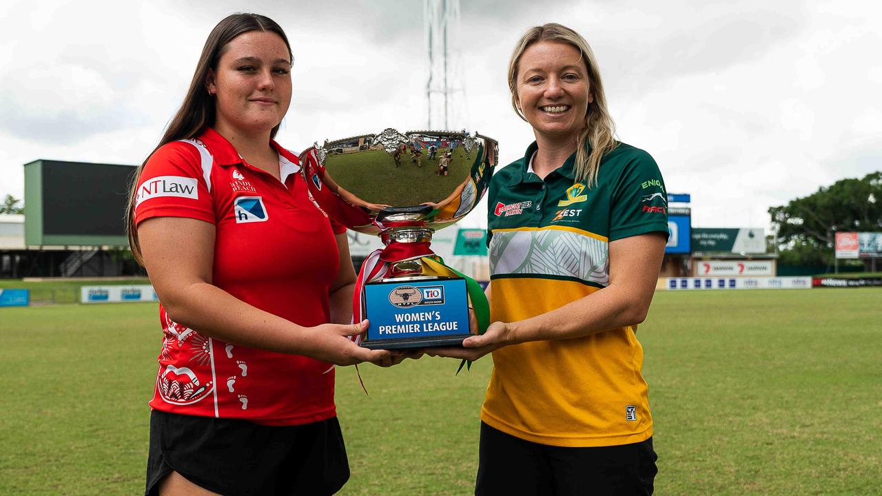 Waratah Captain Kierra Zerafa and PINT Captain Cassie Henderson ahead of the 2022-23 NTFL grand final. Picture: Pema Tamang Pakhrin