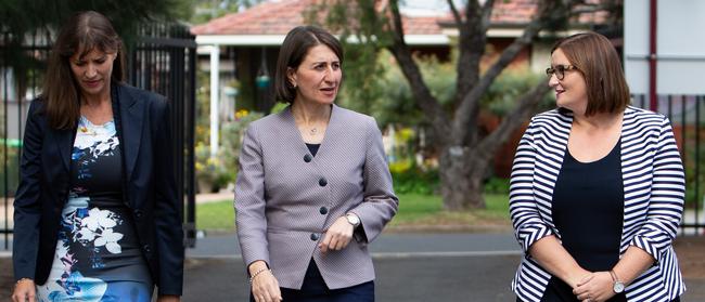 East Hills MP Wendy Lindsay, Premier Gladys Berejiklian and Education and Early Childhood Learning Minister Sarah Mitchell at Picnic Point Public School. Picture: AAP