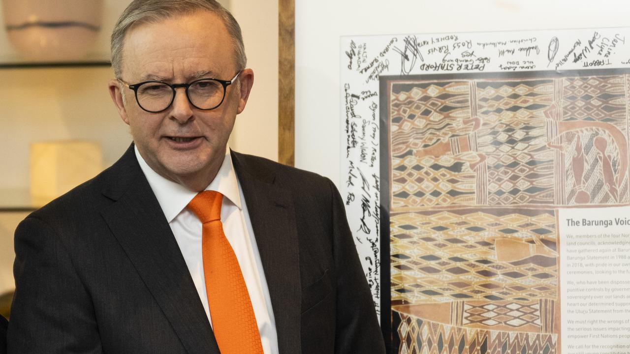 Land Council Chairs along with The Prime Minister Anthony Albanese at the unveiling of the Barunga Voice Declaration at Parliament House in Canberra. Picture: NCA NewsWire / Martin Ollman