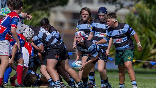 Under-14 and Under-15 finals of the King of the Country rugby union tournament at Gold Coast Eagles Rugby Union Club on Sunday 10 April 2022. Under 14's playing for 3rd place, Bond Pirates (Red) vs Maroochydore Swans. Picture: Jerad Williams