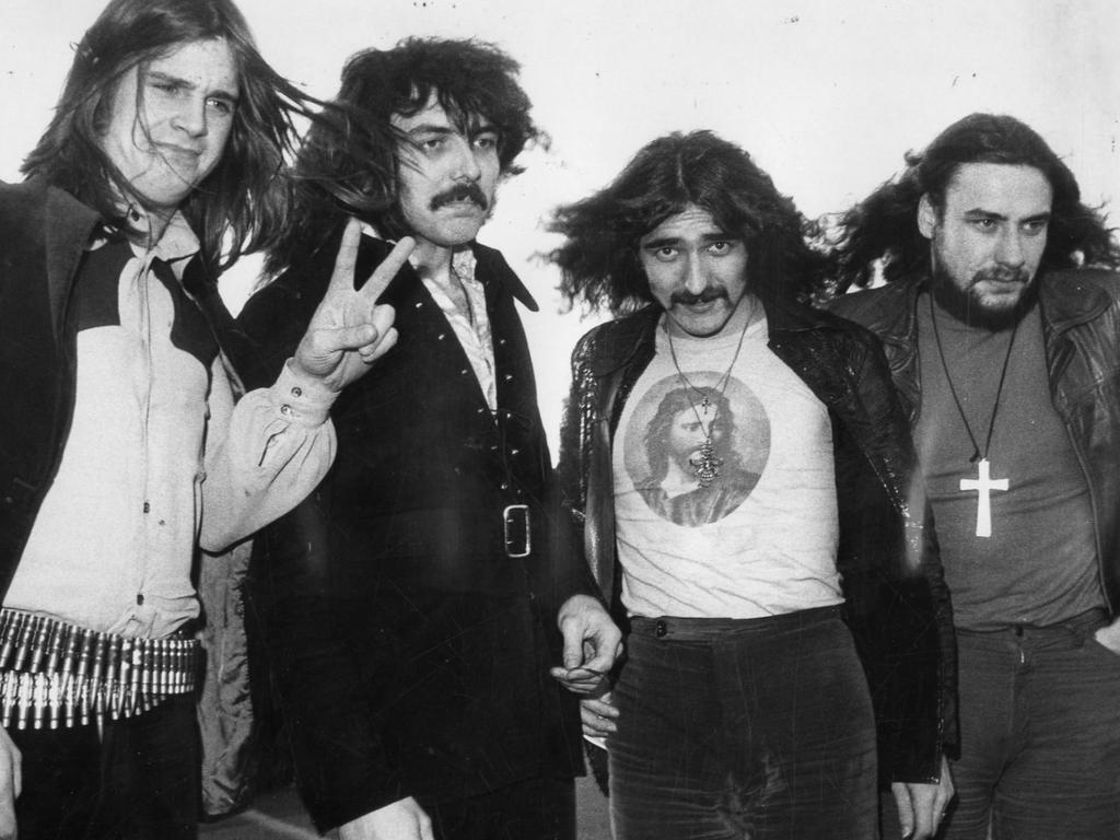 English rock band Black Sabbath arriving at Adelaide Airport in 1971 (L-r) John (Ozzy) Osbourne, Tony Iommi, Geezer Butler and Bill Ward. Picture: Supplied