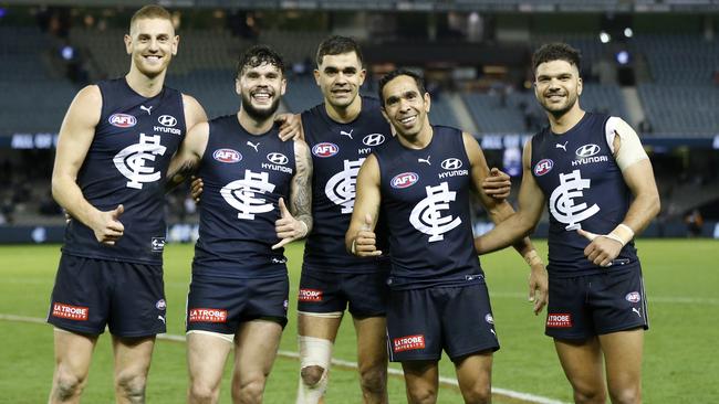 Zac Williams with his indigenous Carlton teammates Liam Jones Jack Martin, Eddie Betts and Sam Petrevski-Seton (Photo by Darrian Traynor/Getty Images)