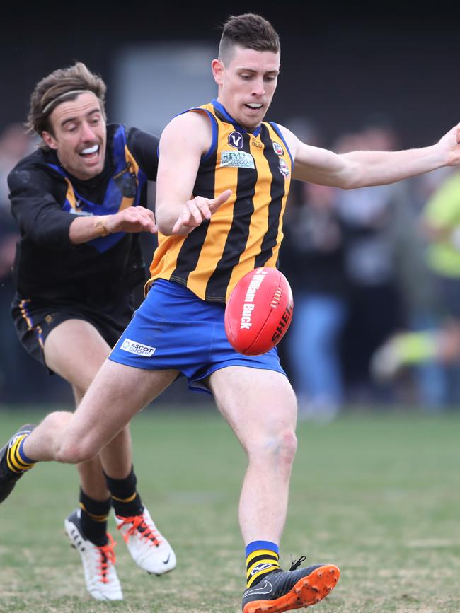 Charlie Vague launches St Bernard’s into attack during the Premier B decider. Picture: David Crosling