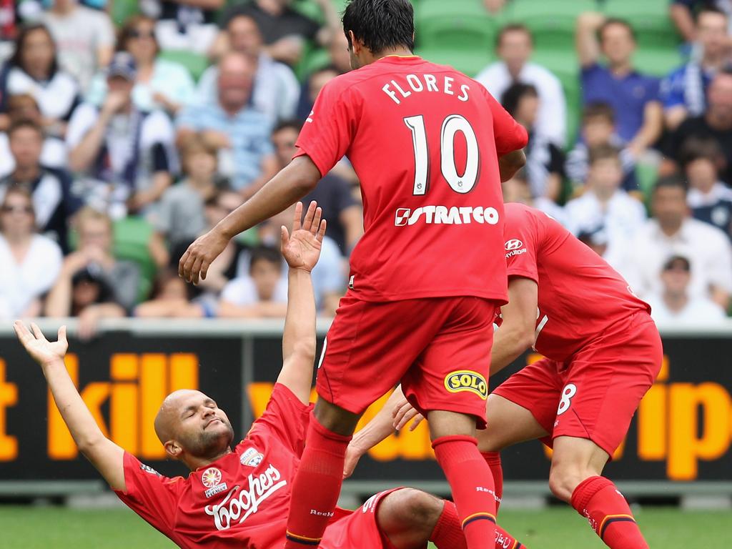 Sergio Van Dijk celbrates scoring in Adelaide United’s big win over Melbourne Victory.