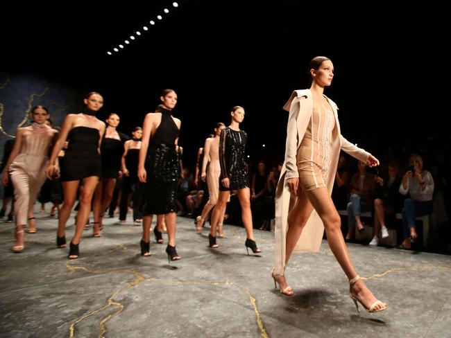 Hadid leads models as they walk the runway during the Misha Collection show. Picture: Getty Images