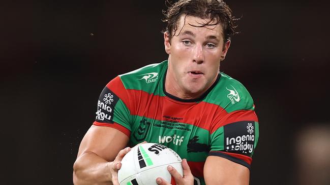 SYDNEY, AUSTRALIA - MARCH 07: Jamie Humphreys of the Rabbitohs runs the ball during the round one NRL match between the Dolphins and South Sydney Rabbitohs at CommBank Stadium on March 07, 2025, in Sydney, Australia. (Photo by Jason McCawley/Getty Images)