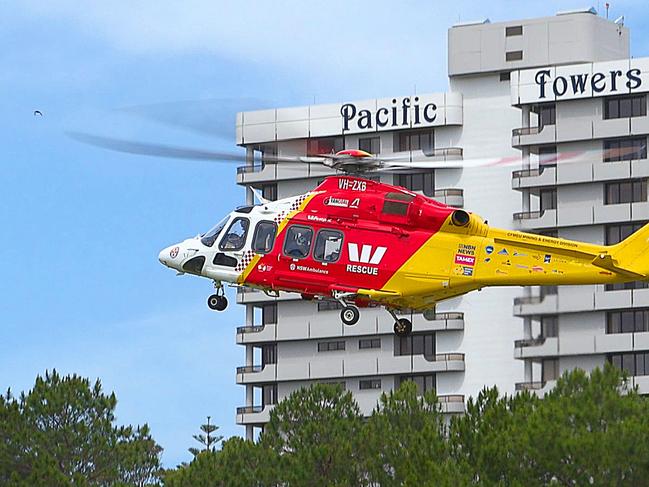 The Westpac helicopter takes off from a Coffs Harbour oval after the accident at Park Beach on November 13.