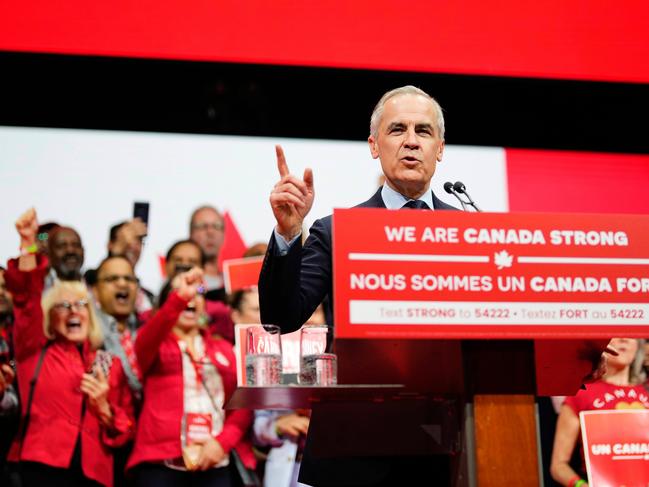 Canadian Prime Minister Mark Carney speaks on stage at his campaign headquarters after the Liberal Party won the Canadian election in Ottawa on Tuesday, April 29, 2025. (Justin Tang/The Canadian Press via AP)