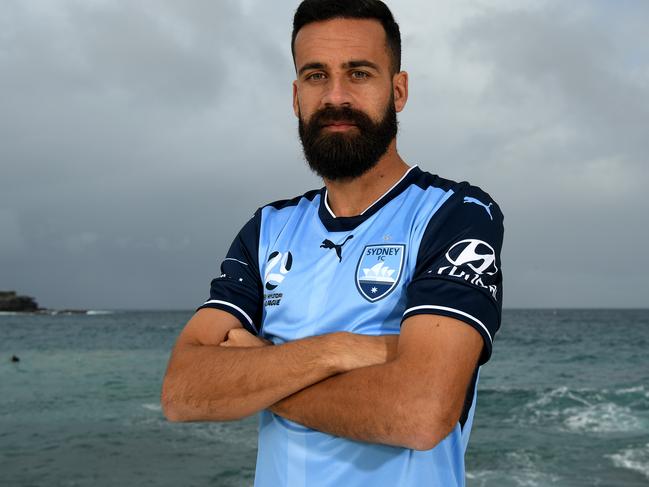 Sydney FC A-League player Alex Brosque poses for a photograph in the home strip at the official launch of the 2017-18 playing kit at Bondi in Sydney, Wednesday, July 12, 2017. (AAP Image/Dan Himbrechts) NO ARCHIVING