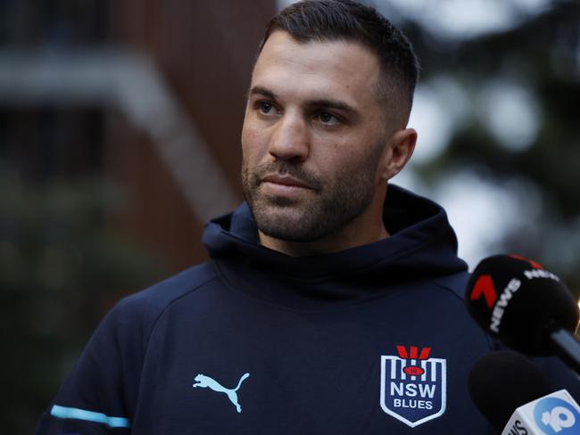 DAILY TELEGRAPH JUNE 2, 2024. Recalled Blues fullback James Tedesco arriving a press conference at Sydney Olympic Park. Picture: Jonathan Ng