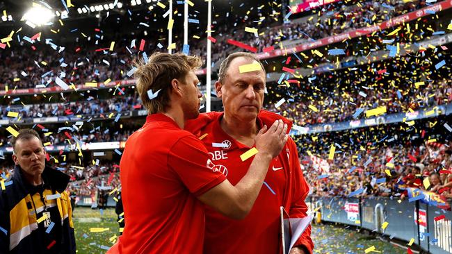 Sydney Swans captain Callum Mills and Longmire after losing the 2024 grand final. Picture: Phil Hillyard