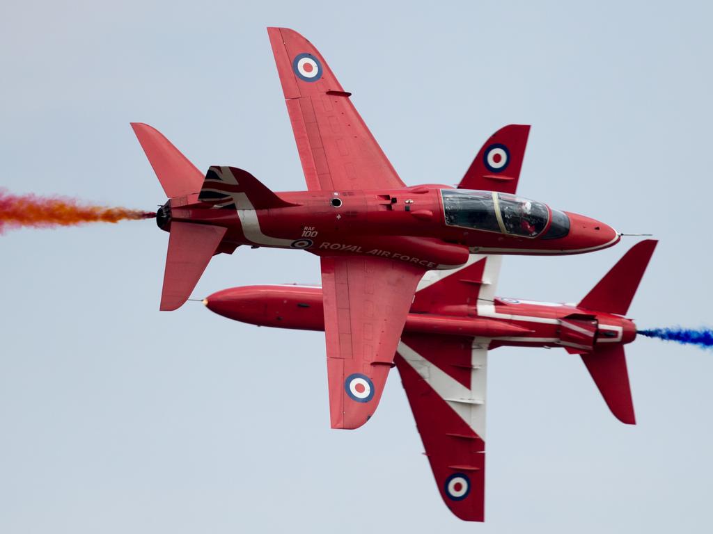 BAe Hawks from the Royal Airforce aerobatic team, the Red Arrows, perform at the Royal International Air Tattoo at RAF Fairford on July 13, 2018 in Fairford, Gloucestershire, England. Today is the opening day of the three-day event, which this year coincides with the centenary year of the Royal Air Force, attracting thousands of aviation enthusiasts. (Photo by Matt Cardy/Getty Images)