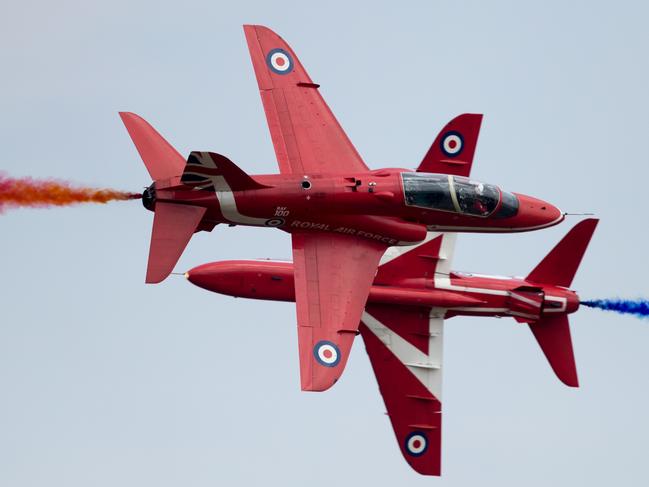 BAe Hawks from the Royal Airforce aerobatic team, the Red Arrows, perform at the Royal International Air Tattoo at RAF Fairford on July 13, 2018 in Fairford, Gloucestershire, England. Today is the opening day of the three-day event, which this year coincides with the centenary year of the Royal Air Force, attracting thousands of aviation enthusiasts. (Photo by Matt Cardy/Getty Images)