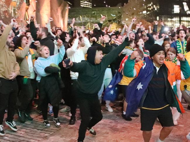 Socceroos fans erupt into wild cheers. Picture: NCA NewsWire / David Crosling