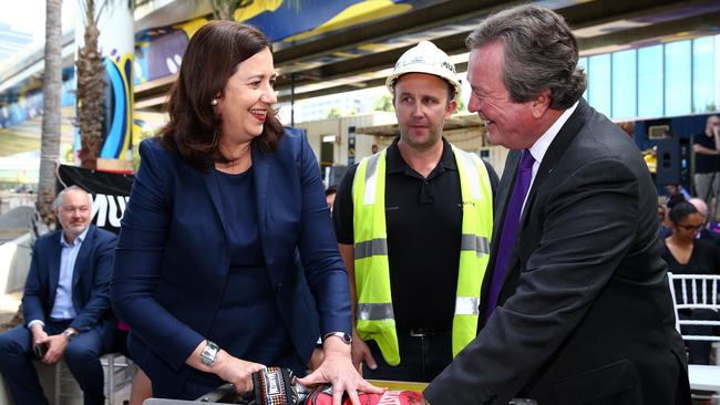 Queensland Premier Annastacia Palaszczuk and The Star chairman John O'Neill at Brisbane’s Queen’s Wharf in 2019. Picture: Adam Head