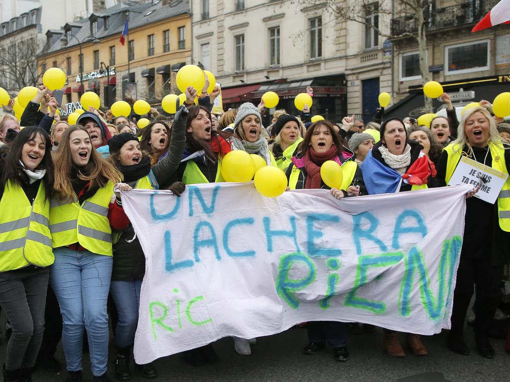 Several hundred women wearing yellow vests have marched during a rally in Paris and in other cities to give a different image to the movement. Picture: AP Photo//Michel Euler