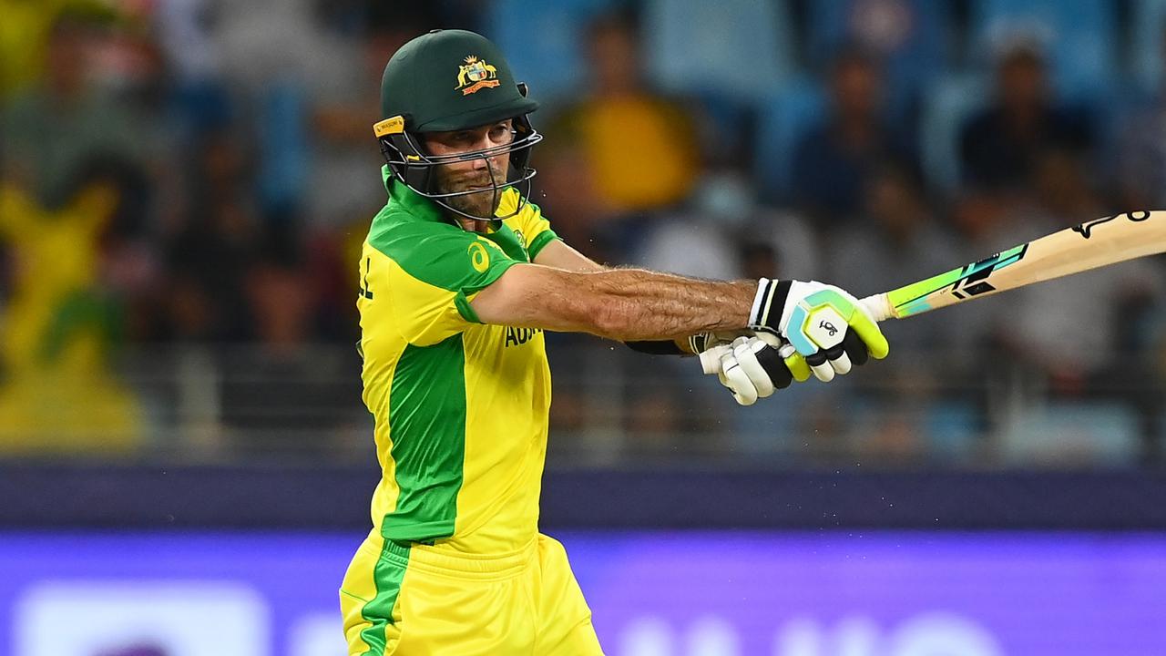 Glenn Maxwell launches during the World T20 final.