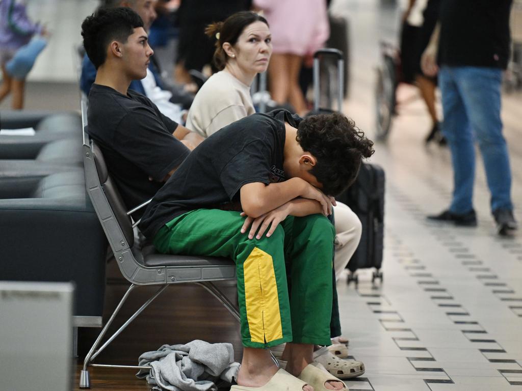 Emergency evacuation charter flight passengers from Lebanon, via Cyprus, arrive at Brisbane International Airport. Picture: Lyndon Mechielsen/Courier Mail