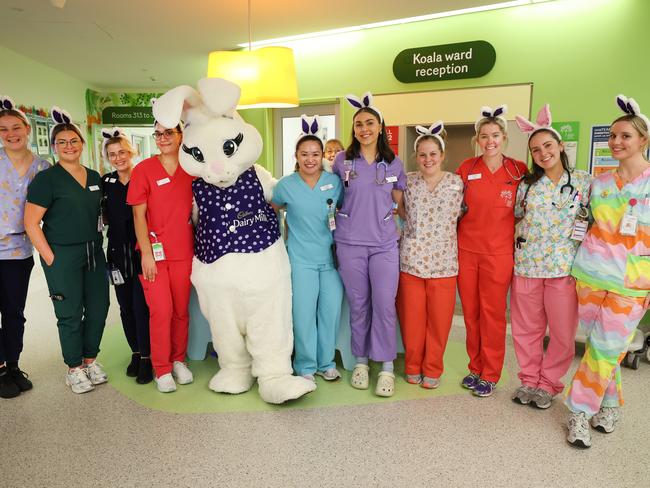 The Easter Bunny and nursing staff on the Koala Ward. Picture: David Caird