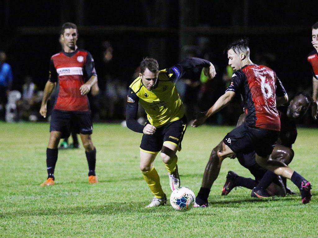 Tiger's Crios O'Hare beats 3 Leichhardt defenders to score a goal in the FNQ Premier League men's match between the Edge Hill Tigers and the Leichhardt Lions, held at Tiger Park, Maunda. Picture: Brendan Radke