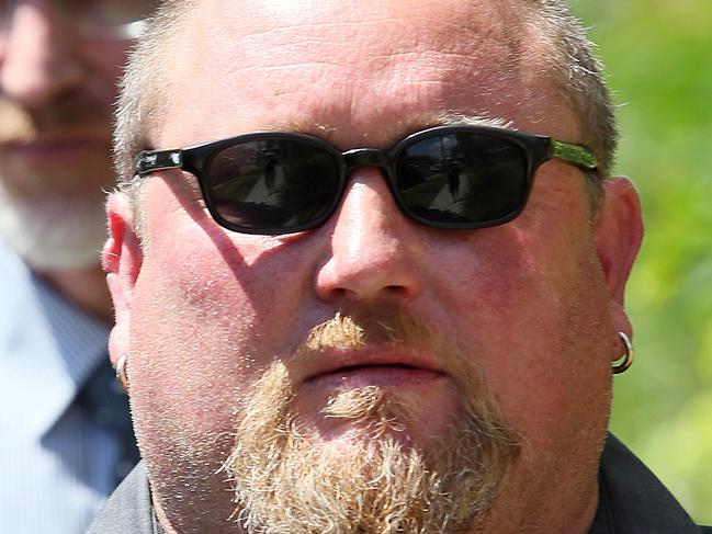 Bandidos National President Jason Addison outside Maroochydore Magistrates Court .Behind him is his Ballart Solicitor Mike Wardell..Pic Glenn Barnes