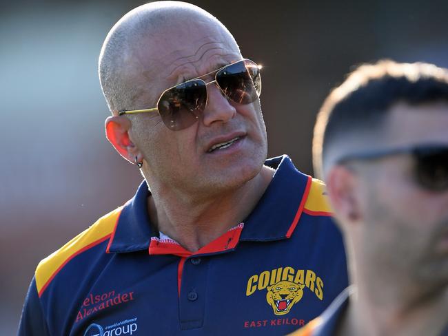 East Keilor coach Pat Christofi during the EDFL grand final between Craigieburn and East Keilor in Essendon, Saturday, Sept. 14, 2019. Picture: Andy Brownbill