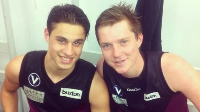 Corey Connelly and Corey Rich playing for the Bloods in 2014. Two-time Bloods premiership player Connelly will also return to the club full-time this season after recovering from serious concussion. Picture: Old Haileybury Facebook.