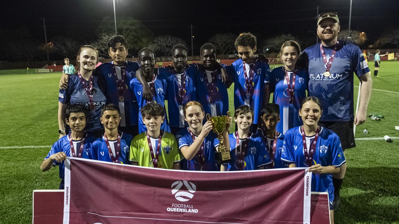 Rockville Rovers Blue are grand final champions after defeating Football Dalby in Football Queensland Darling Downs Community Juniors U13 Div 1 White at Clive Berghofer Stadium, Friday, August 30, 2024. Picture: Kevin Farmer