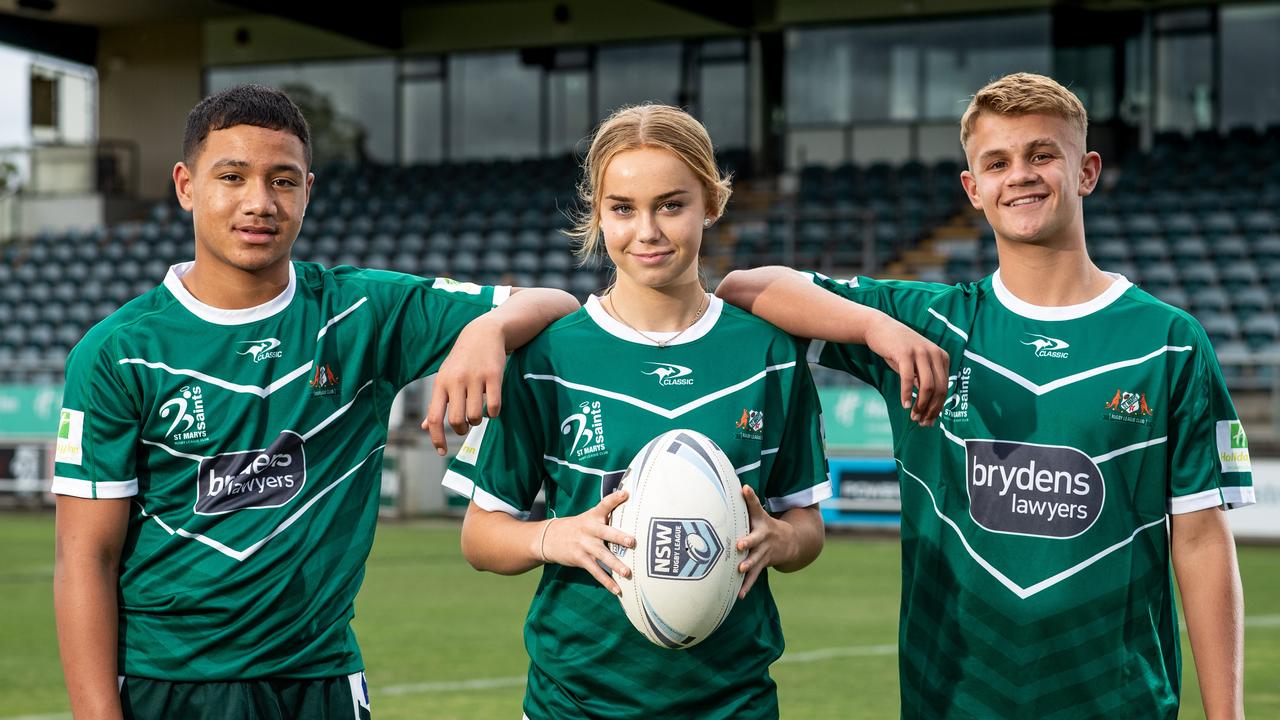 St Mary’s players Zhaoquin Tupulua (14) from Mount Druitt, Jade Elford (14) from Penrith, Latrell Toby-Smith (15) from Erskine Park. Picture: Julian Andrews