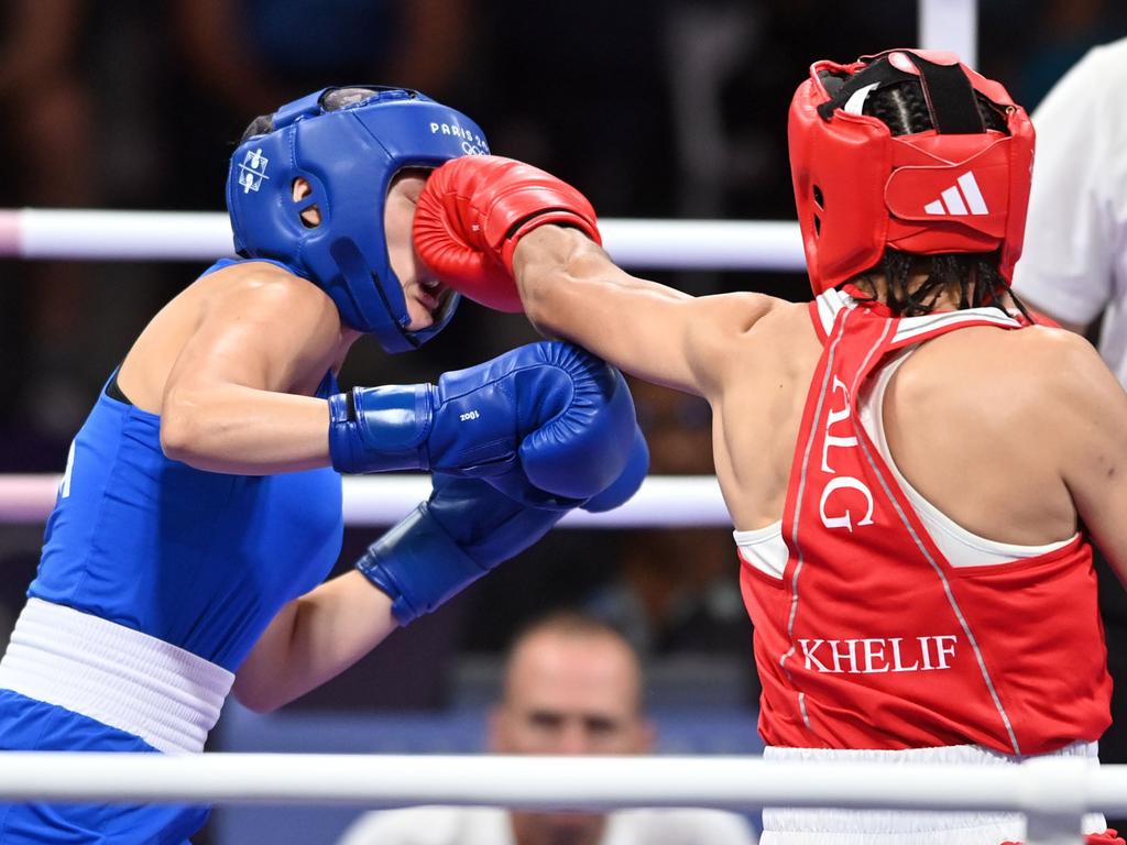 Algeria's Imane Khelif lands a punch on Italy’s Angela Carini. Picture: Anadolu via Getty Images