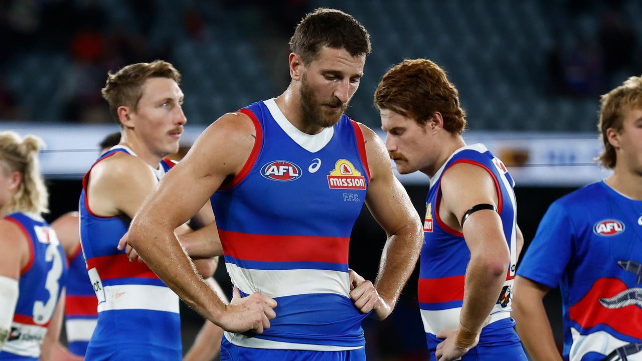 MELBOURNE, AUSTRALIA - APRIL 12: Marcus Bontempelli of the Bulldogs looks dejected after a loss during the 2024 AFL Round 05 match between the Western Bulldogs and the Essendon Bombers at Marvel Stadium on April 12, 2024 in Melbourne, Australia. (Photo by Michael Willson/AFL Photos via Getty Images)