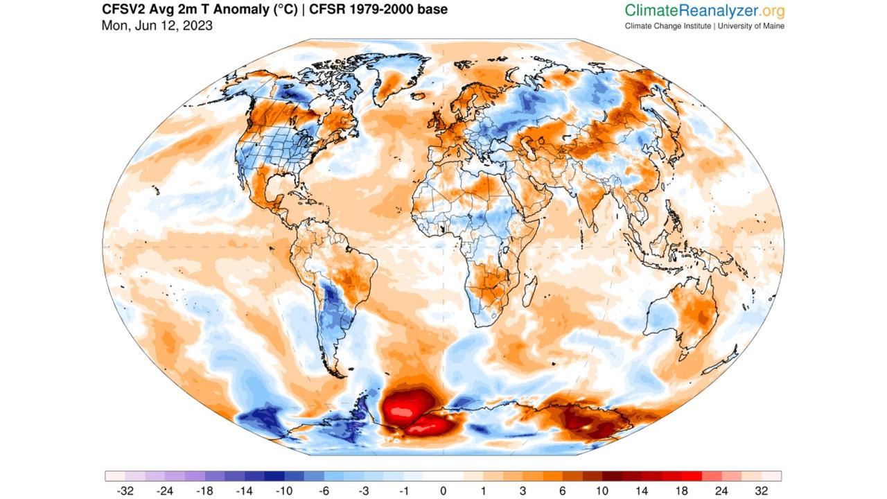 The blotches of orange and red show above-average air temperatures around the world. Source: ClimateReanalyzer.org