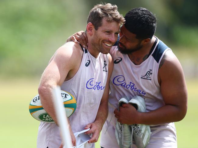 Bernard Foley and Folau Fainga'a share a laugh at training. Picture: Getty