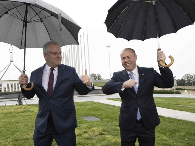 CANBERRA, AUSTRALIA-NCA NewsWire Photos 7 OCTOBER 2020:  TheTreasurer Josh Frydenberg with the Prime Minister Scott Morrison on their way to TV interviews, outside Parliament House in Canberra.Picture: NCA NewsWire / Gary Ramage