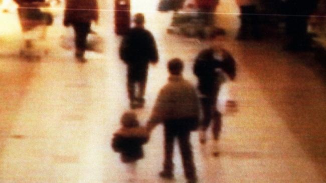 A surveillance camera shows the abduction of two-year-old James Bulger. Picture: BWP Media via Getty Images