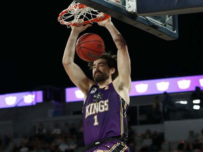 MELBOURNE, AUSTRALIA - FEBRUARY 25: Jordan Hunter of the Kings dunks during the NBL Cup match between the Sydney Kings and the New Zealand Breakers at John Cain Arena on February 25, 2021, in Melbourne, Australia. (Photo by Darrian Traynor/Getty Images)