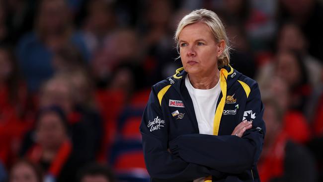 SYDNEY, AUSTRALIA - nda Reynolds MAY 07: Lightning coach Belinda Reynolds watches on during the round eight Super Netball match between NSW Swifts and Sunshine Coast Lightning at Ken Rosewall Arena, on May 07, 2023, in Sydney, Australia. (Photo by Mark Kolbe/Getty Images)