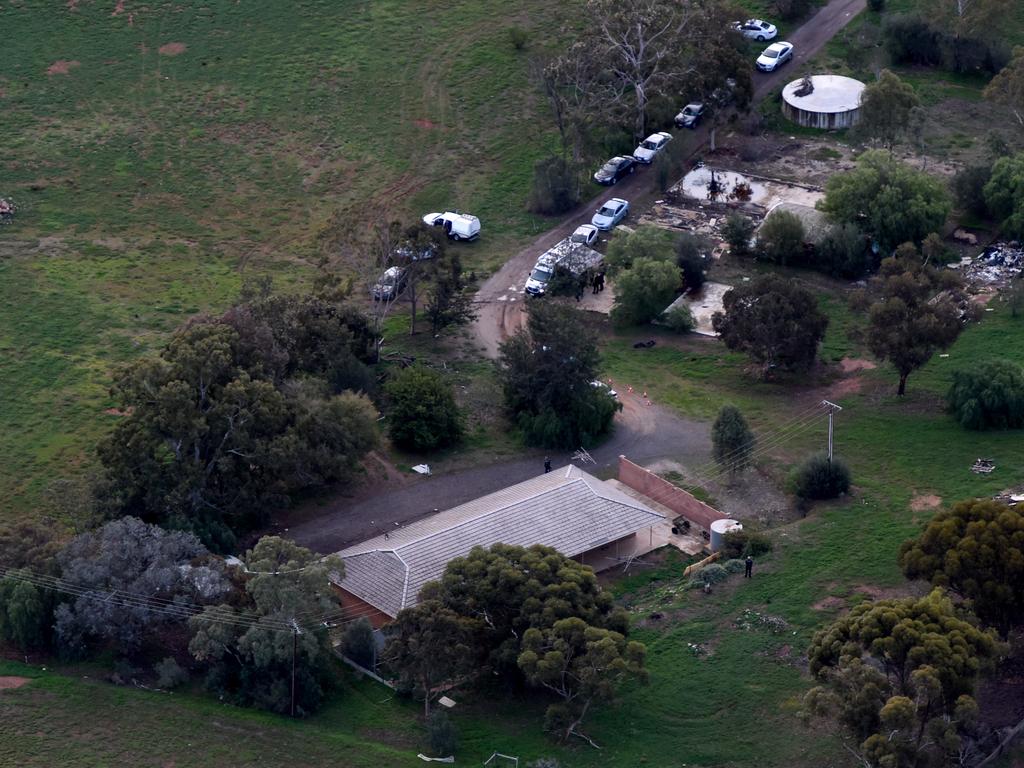 Police at the house in Hillier, in Adelaide’s north, on the day the three bodies were found. Picture: Sam Wundke/Nine News helicopter