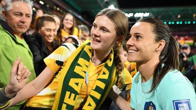 BRISBANE, AUSTRALIA – AUGUST 19: Hayley Raso of Australia greets supporters following the FIFA Women's World Cup Australia &amp; New Zealand 2023 Third Place Match match between Sweden and Australia at Brisbane Stadium on August 19, 2023 in Brisbane, Australia. (Photo by Justin Setterfield/Getty Images)