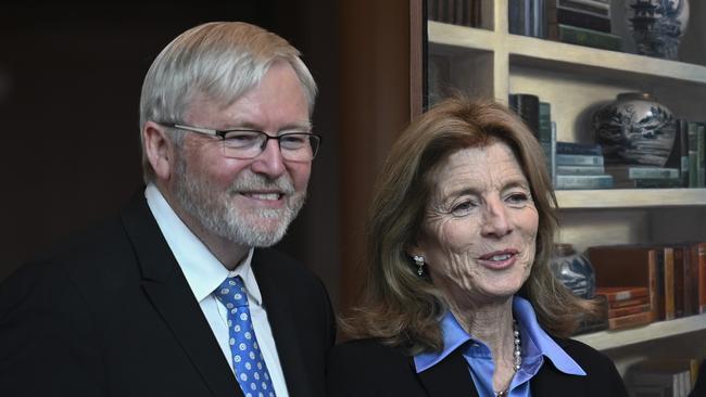 Mr Rudd, pictured with US ambassador to Australia Caroline Kennedy, has not yet publicly commented on Mr Trump’s comments. Picture: NCA NewsWire / Martin Ollman