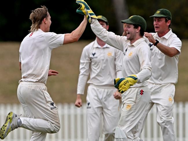 Michael Edwards celebrates a wicket for Northcote. Picture: Andy Brownbill