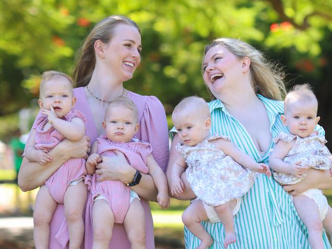 Kristen Meadows and Estell McDonald with their identical twin girls on National Siblings Day (April 10). Picture: Supplied