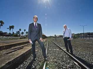 FULL STEAM: John Dornbusch, Interlink SQ Chairman (left) and TRC Mayor Paul Antonio were both pleased with the Federal Government commitment to the inland rail network earlier in the year. . Picture: Nev Madsen