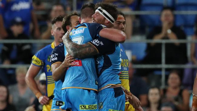 NRL, Gold Coast Titans v Parramatta Eels at Cbus Stadium. Titan's Chris McQueen scores. Picture by Scott Fletcher