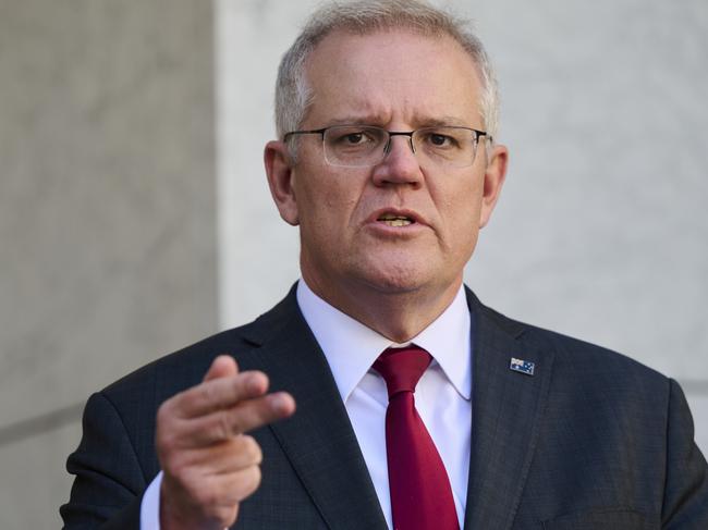 CANBERRA, AUSTRALIA - AUGUST 20: Prime Minister Scott Morrison speaks during a press conference on August 20, 2021 in Canberra, Australia. Morrison has confirmed 94 evacuees from Kabul had arrived in Perth in the early hours of this morning as part of Australia's evacuation mission in Afghanistan, with an additional 60 evacuees were transferred from Kabul to the base in the UAE last night, a combination of Australians and Afghan visa holders. (Photo by Rohan Thomson/Getty Images)