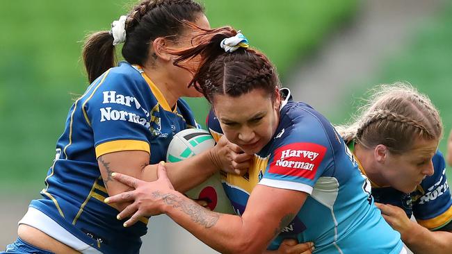 Jessika Elliston of the Titans is tackled by Tayla Preston of the Eels during the round four NRLW match between Gold Coast Titans and Parramatta Eels at AAMI Park, on September 10, 2022, in Melbourne, Australia. (Photo by Kelly Defina/Getty Images)